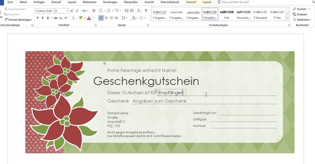 Gutschein 2025 gestalten word
